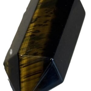 Polished dual tone blue and gold tigers eye crystal point standing upright showing golden chatoyant bands and dark blue black tones on a white background